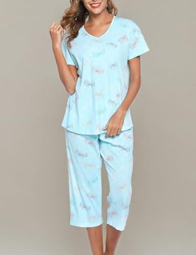 ENJOYNIGHT Womens Pajama Sets Cotton Pj Set Short Sleeve Top With Capri Pants Sleepwear 2 Piece Lounge Set(XX-Large, BL-Butterfly) - Image 6