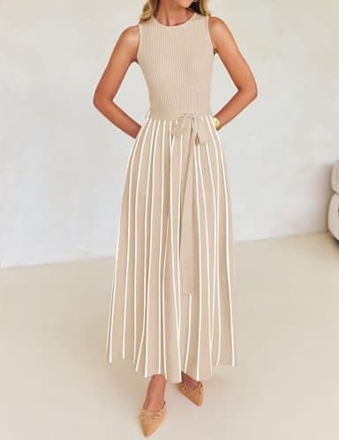 ZESICA Women's Summer Spring Midi Dress 2025 Sleeveless Ribbed Knit Tie Waist Casual A Line Sweater Dresses,Apricot,Small - Image 7