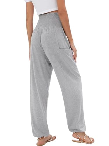 QIANXIZHAN Women's Harem Pants, High Waist Yoga Boho Trousers with Pockets Grey L - Image 2