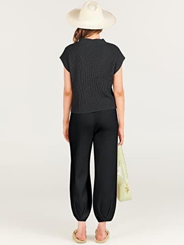 ANRABESS Women's Two Piece Outfits Knit Sweater Vest Crop Top Pants Lounge Matching Tracksuit Sweatsuit Travel Clothes Sets Black XX-Large - Image 4