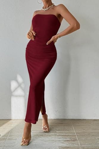 PRETTYGARDEN Women's Summer Wedding Guest Dress Strapless Tube Top Maxi Bodycon Long Mesh Beach Vacation Party Dresses (Solid Wine Red,Large) - Image 7
