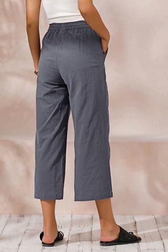 Womens Cotton Cropped Pants Loose Fit Wide Leg Capri Casual Plus Size Elastic Waist Trousers Gray M - Image 3