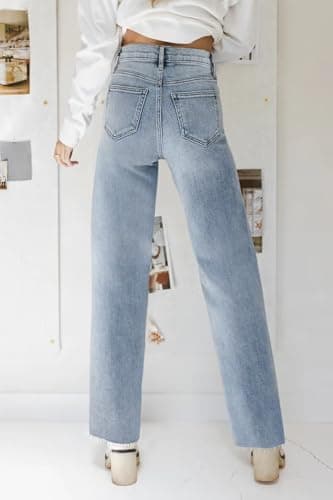 KDF Straight Leg Jeans for Women High Waisted Jeans Frayed Baggy Pants Raw Hem Loose Stretchy Cropped Wide Leg Jeans Light Blue Size 16 - Image 3
