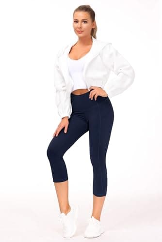 THE GYM PEOPLE Thick High Waist Capris Yoga Pants with Pockets, Tummy Control Workout Running Yoga Leggings for Women Navy Blue - Image 2