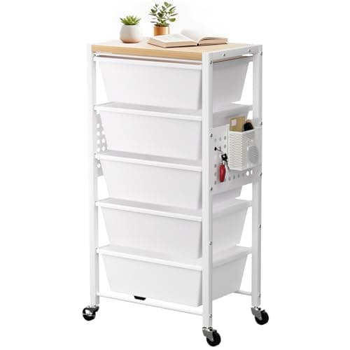Rolling Cart with 5 Drawers, Plastic Drawer Storage Carts with Lockable Wheels & Wooden Tabletop, Metal Utility Cart with Pegboards, Office Living Room Classroom Craft Organization and Storage, White - Image 1