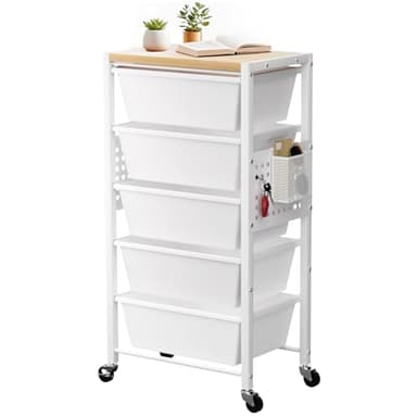 Rolling Cart with 5 Drawers, Plastic Drawer Storage Carts with Lockable Wheels & Wooden Tabletop, Metal Utility Cart with Pegboards, Office Living Room Classroom Craft Organization and Storage, White - Image 1