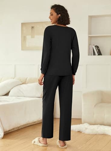 Ekouaer Waffle Knit Pajamas for Women Set Long Sleeve Pants Pj Henley Tops Lounge Sets Comfy Sleepwear with Pockets Black XL - Image 3