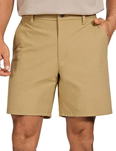 CRZ YOGA Men's All Day Comfy Golf Shorts - 7" Stretch Lightweight Flat Front for Casual Work with Pockets Khaki Sand 34W x 7L - Image 1