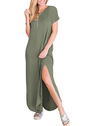 ANRABESS Womens Summer Maxi Dress Short Sleeve Casual Loose Long T Shirt Dresses Split Vacation Beach Sundress Travel Outfits Olive Medium - Image 3