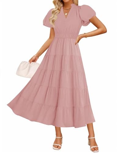 ZESICA Women's Summer Casual Maxi Dress 2025 Puff Short Sleeve V Neck Ruffle Tiered Flowy Boho Beach Dresses,Dusty Pink,Medium - Image 1