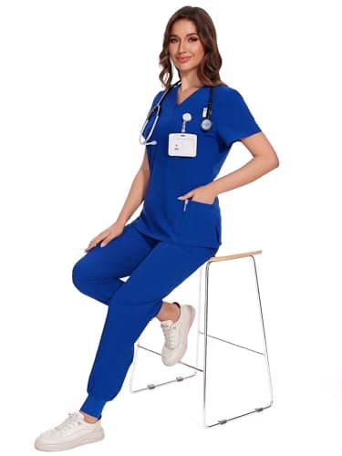 COZYFIT Scrubs for Women - V-Neck Top & Cargo Pants Scrubs Set with 10 Pockets - Royal Blue, 3XL, Tall - Image 6