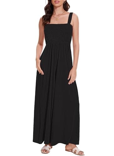 LOZ Black Jumpsuit for Women Ruched Casual One Piece Flowy Sleeveless Overalls Dressy Stretchy Loose Rompers Elegant Square Neck Summer Wide Leg Long Pants with Pockets 2025 M - Image 1