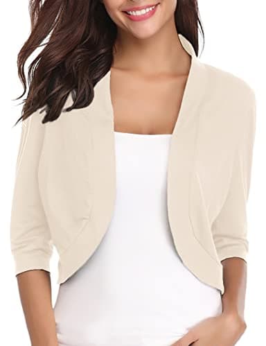 iClosam Women 3/4 Sleeve Cropped Cardigans Open Front Bolero Shrug Knit Sweater Jacket (Small, Beige) - Image 1