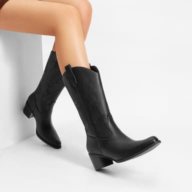 DREAM PAIRS Women's Square Toe Cowboy Cowgirl Boots Embroidered Mid Calf Western Boots Fashion Dress Low Chunky Heel Boots for Theme Party Country Concert,Size 8.5,Black-Pu,DWUMMB2502 - Image 6