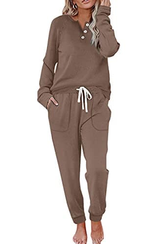 WIHOLL Two Piece Outfits for Women Autumn, V Neck Sweatshirts Tracksuit Khaki XL - Image 1