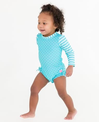 RuffleButts Baby Girls UPF 50+ Sun Protection Polka Dot Long Sleeve One Piece Rash Guard Swimsuit with Zipper - Bright Aqua Heart Polka, 0-3m - Image 3