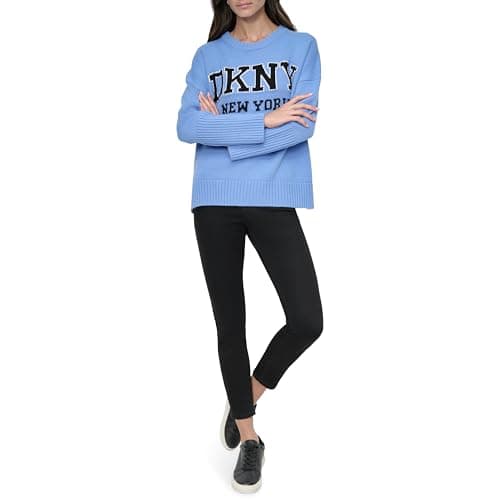 DKNY Women's Logo Longsleeve Warm Comfortable Sweater, Blue Bell/Black - Image 1