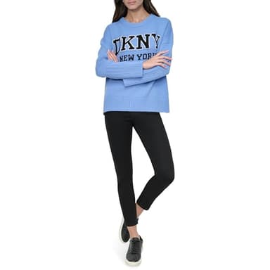 DKNY Women's Logo Longsleeve Warm Comfortable Sweater, Blue Bell/Black - Image 1