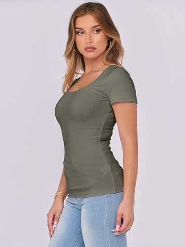 ANRABESS Women Short Sleeve Tops Scoop Neck Ribbed Knit Slim Fitted Basic Tee Shirts Casual Summer Clothes 2025 Fall Outfits Army Green X-Large - Image 5