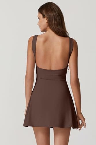 QINSEN Boat Neck Workout Dress for Women Open Back Sleeveless Tennis Dress Built in Shorts Chestnut XL - Image 2
