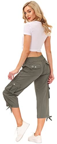 MoFiz Women's Cargo Capris Hiking Pants Lightweight Quick Dry Running Outdoor Casual Shorts Button Pockets UPF 50+ Army Green L - Image 6