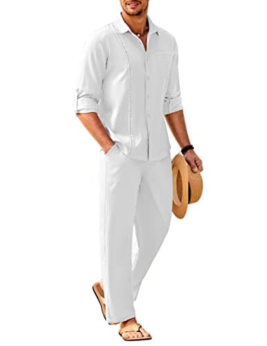 COOFANDY Mens Coordinated Outfit All White Hawaiian Shirt and Linen Pants Sets Casual Beach Linen Sets 2 Piece, White, Large - Image 1