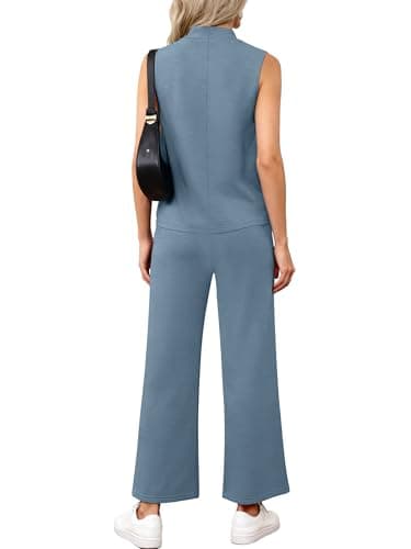 Casly Lamiit 2 Piece Outfits for Women 2025 Summer Lounge Sets Travel Outfits Sleeveless Top Cropped Pants Spring Matching Casual Tracksuit Trendy Clothing Blue Grey L - Image 2
