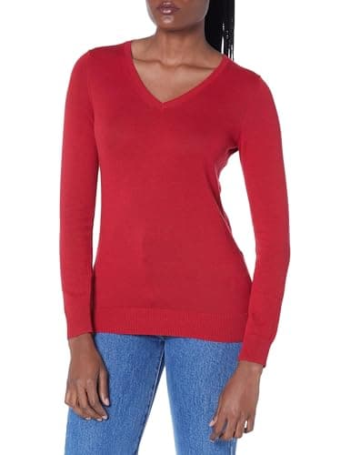 Amazon Essentials Women's Regular-Fit Lightweight Long-Sleeve V-Neck Sweater (Available in Plus Size), Red, Small - Image 1