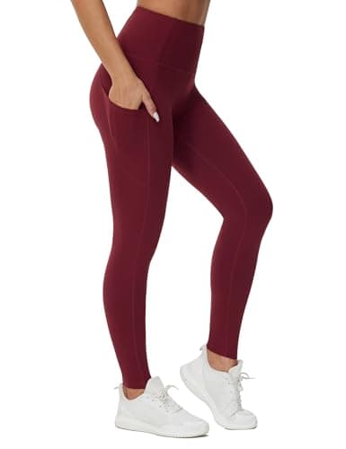 THE GYM PEOPLE Thick High Waist Yoga Pants with Pockets, Tummy Control Workout Running Yoga Leggings for Women Wine Red - Image 1