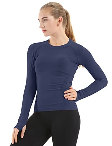 MathCat Seamless Workout Shirts for Women Long Sleeve Yoga Tops Sports Running Shirt Breathable Athletic Top Slim Fit Navy - Image 1
