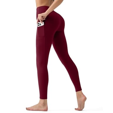 High Waisted Leggings for Women with Pockets - Tummy Control Yoga Pants for Workout Running Athletic No See Through Burgundy - Image 2