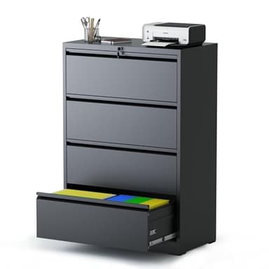 AQY 4 Drawer File Cabinet with Lock,Metal Lateral File Cabinets for Home Office,Steel Wide Filing Organization Storage Cabinets for Hanging Files Letter/Legal/F4/A4 Size Assembly Required(Black) - Image 1