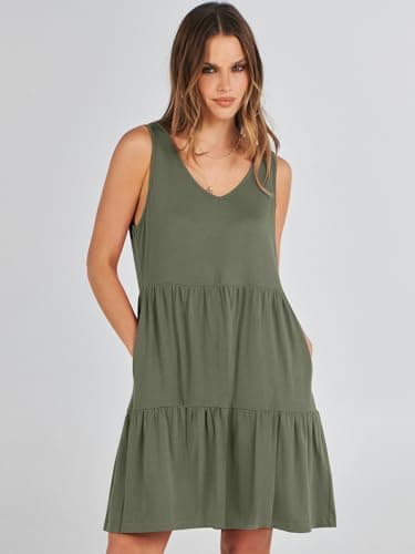 ANRABESS Womens Summer Casual Tank Dress Sleeveless V Neck T Shirt Sundress Flowy Tiered Swing Mini Beach Vacation Dresses Olive Green Medium - Image 9