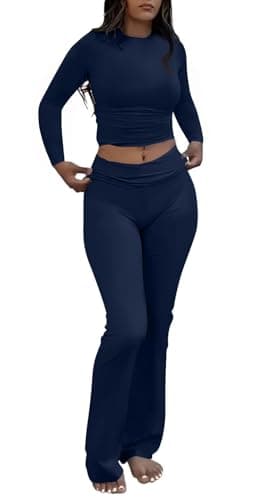 AYWA Women's 2 Piece Outfits Foldover Flare Pants Long Sleeve Crew Neck T-shirt Fitted Pajama Sets (Navy, Medium) - Image 1