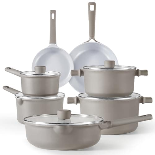 CAROTE Ceramic Cookware Set 12 Piece, Healthy & PFOA/PFAS Free, Nonstick Pots and Pans Set, Induction-Compatible, Taupe - Image 1