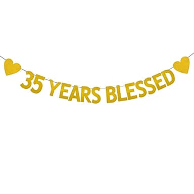 XIAOLUOLY Gold 35 YEARS BLESSED Glitter Banner,Pre-Strung,35th Birthday/Wedding Anniversary Party Decorations Bunting Sign Backdrops,35 YEARS BLESSED - Image 1