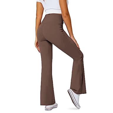 DLOODA Women's Flare Leggings with Pockets-Crossover High Waisted Bootcut Yoga Pants-Tummy Control Bell Bottom Leggings Brown - Image 4
