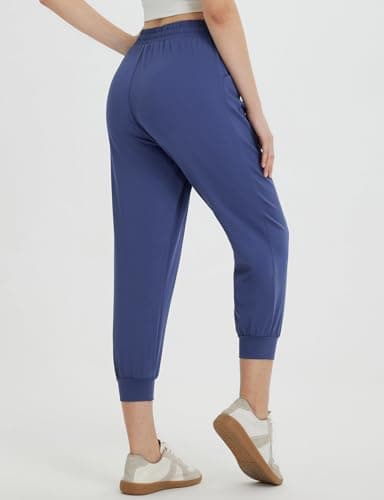 BALEAF Women's Petite Joggers Capri Sweatpants Drawstring Track Pants Travel Lounge Cropped Pants with Pockets Navy Blue M - Image 2