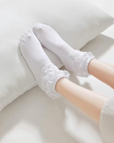 YASIDI Women Lace Ruffle Frilly Ankle Socks with Pearl Lace (Cotton, White-3 Pairs) - Image 4
