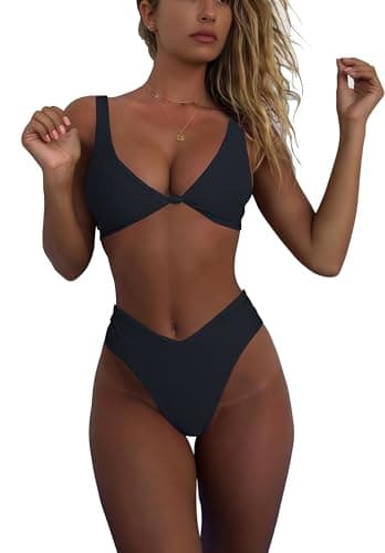 geluboao Two Piece High Waisted Bikini Swimsuits for Women Cheeky Brazilian Cut Thong Sexy V Neck Push Up Bikini Set Black L - Image 1