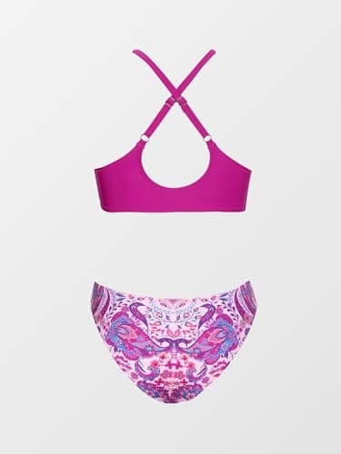 CUPSHE Women's Bikini Set Two Piece Swimsuit V Neck Knot Crisscross Low Waist Floral Bathing Suit L, Magenta - Image 6