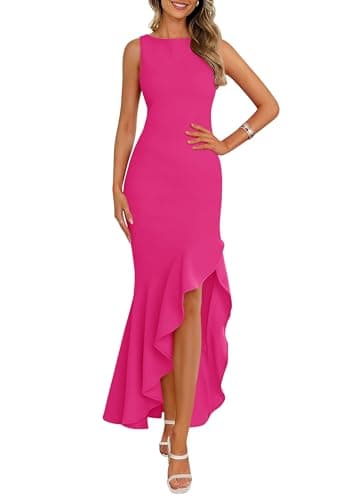 PRETTYGARDEN Wedding Guest Dresses for Women 2025 Summer Formal Gala Maxi Dress Ruffle Mermaid Cocktail Long Dresses(Rose Red,Large) - Image 1