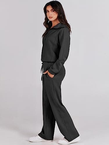 ANRABESS Women 2 Piece Outfits 2025 Fall Fashion Airport Wide Leg Pants Lounge Set Leisure Travel Vacation Clothes Sweatsuits Black Small - Image 3