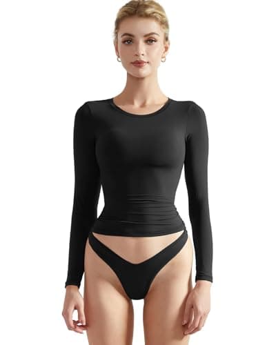 SUUKSESS Women Double Lined Fitted Basic Tee Shirts Crew Neck Long Sleeve Going Out Crop Tops (Jet Black, S) - Image 1