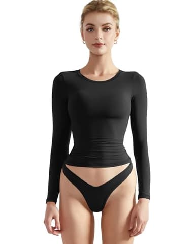 SUUKSESS Women Double Lined Fitted Basic Tee Shirts Crew Neck Long Sleeve Going Out Crop Tops (Jet Black, S) - Image 1