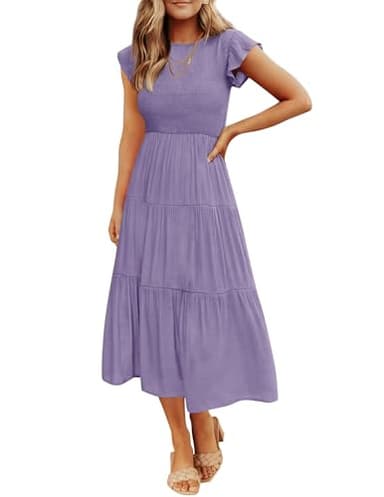 ZESICA Women's 2025 Summer Casual Flutter Short Sleeve Crew Neck Smocked Elastic Waist Tiered Midi Dress,Violet,Small - Image 1