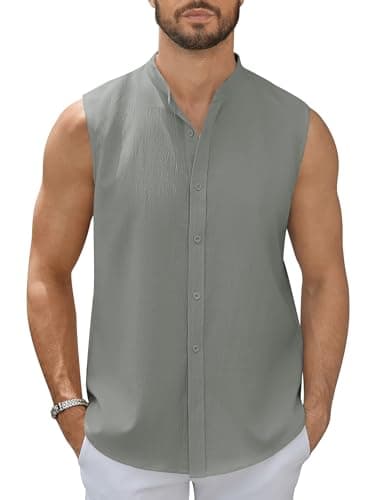hawalili Men's Button Down Sleeveless Shirts Summer Beach Tank Tops Casual Textured Tank T-Shirt Dark Gray - Image 1