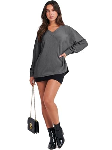 ANRABESS Oversized Long Sleeve Shirts for Women Off the Shoulder Sweatshirt Loose V Neck Tunic Tops High Low Sweater 2025 X-Small Dark Grey - Image 3