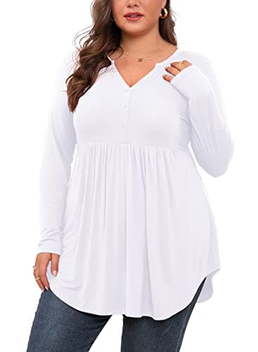 SHIJIALI Women's Plus Size Henley Shirts V Neck Button Tunic Tops Casual Long Sleeve Swing Flowy Blouse White-4X-Large - Image 1