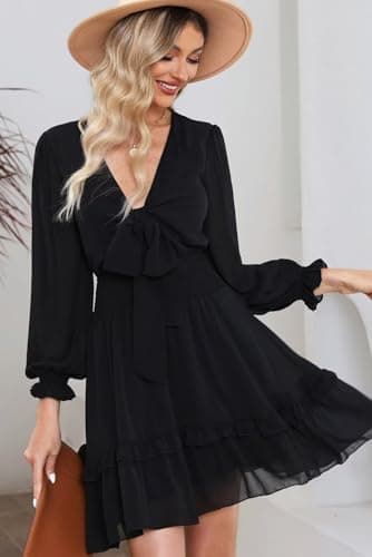 Dokotoo Dresses for Women 2025 Casual Spring Fall Sexy V Neck Ruffle Elegant Long Sleeve Empire Waist Tie Knot Chiffon Beach Tunic Swing A Line Flowy Mini Short Skater Dresses Black L - Image 4